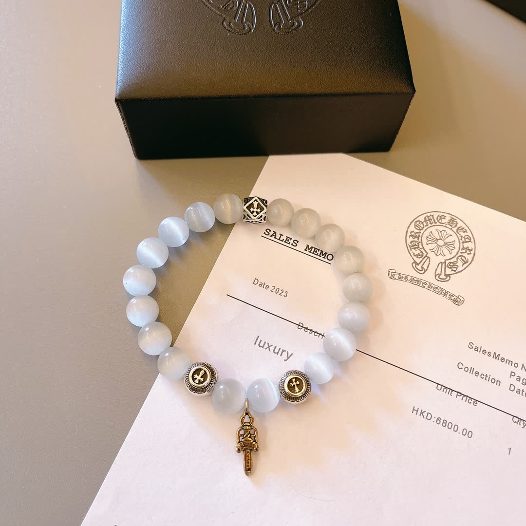 Chrome Hearts Moonstone Beaded Bracelet with Silver Charms